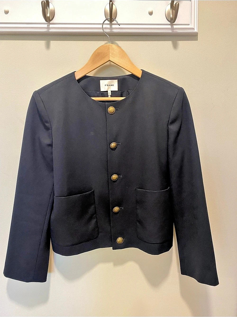 FRAME Wool Collarless Jacket in Blue Size Small Like New
